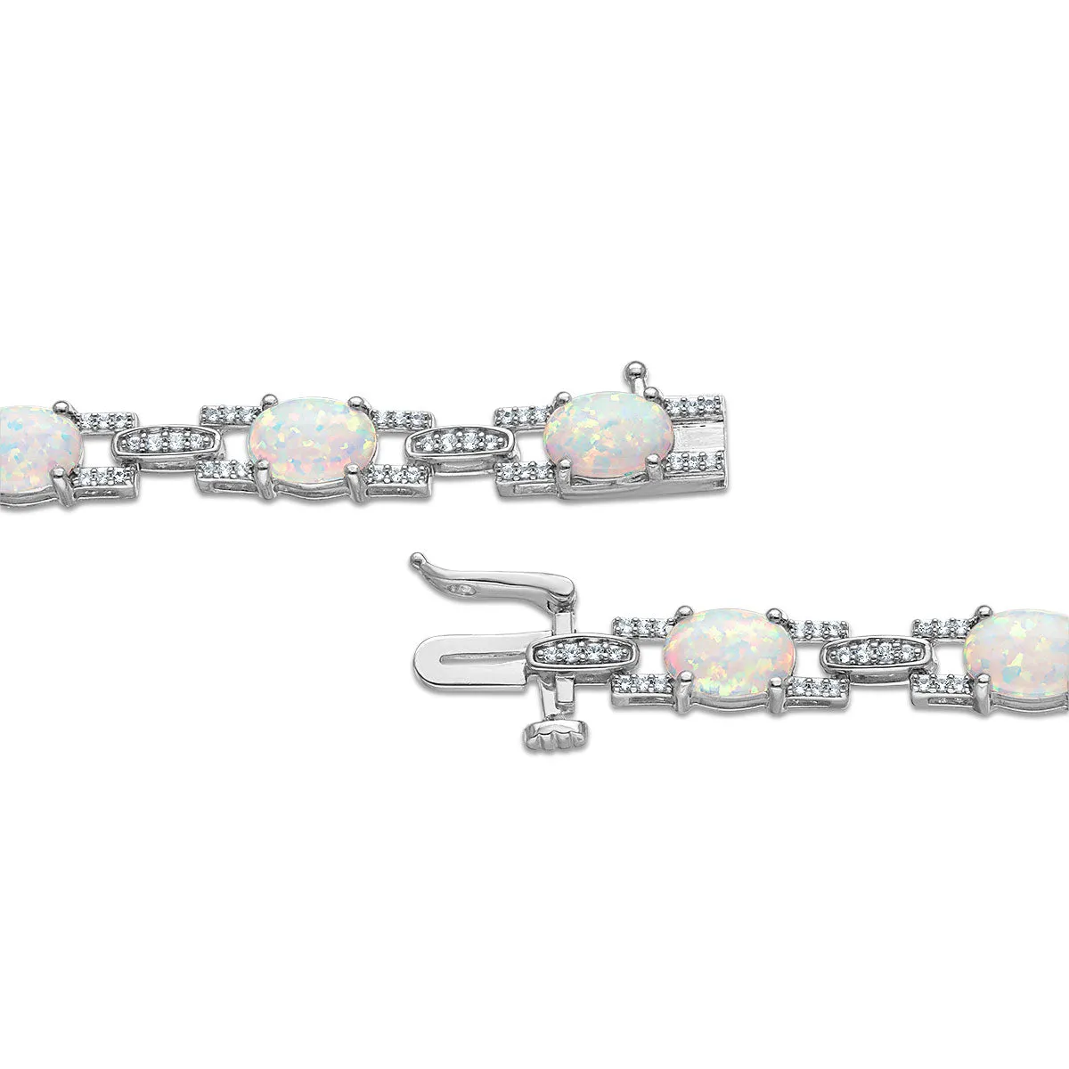 7X5MM Oval Opal and White Sapphire 7.5-inch Tennis Bracelet in Rhodium Plated Sterling Silver