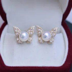 8-9mm Freshwater Pearl Butterfly &Cubic Zirconia Earrings