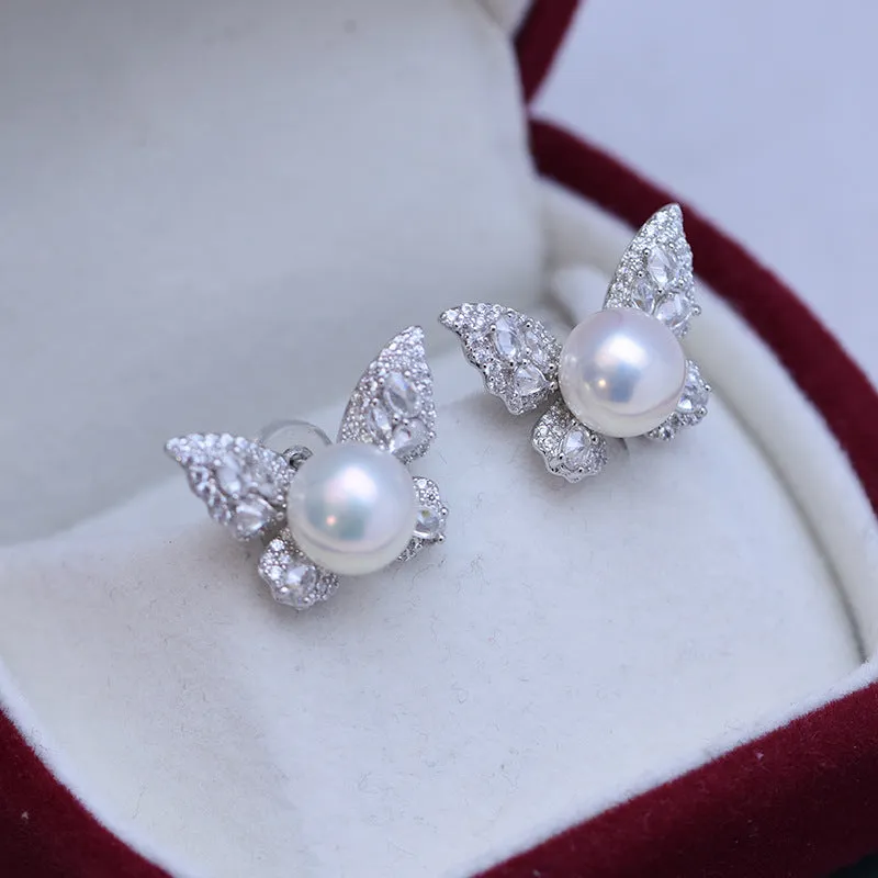 8-9mm Freshwater Pearl Butterfly &Cubic Zirconia Earrings