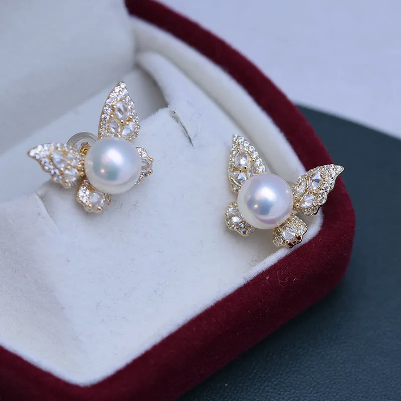 8-9mm Freshwater Pearl Butterfly &Cubic Zirconia Earrings