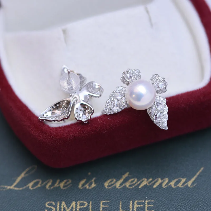 8-9mm Freshwater Pearl Butterfly &Cubic Zirconia Earrings