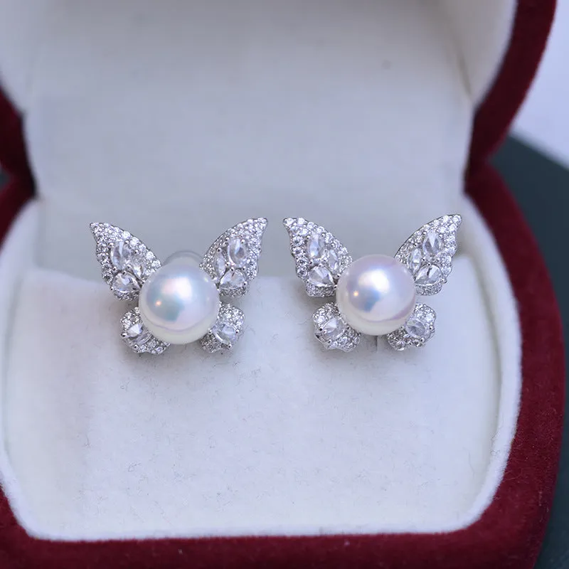 8-9mm Freshwater Pearl Butterfly &Cubic Zirconia Earrings