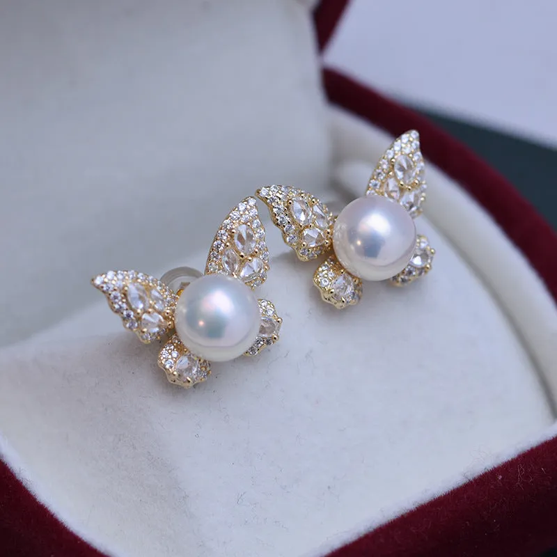 8-9mm Freshwater Pearl Butterfly &Cubic Zirconia Earrings