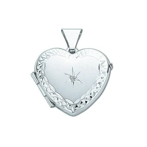 925 Sterling Silver Diamond Set Heart Shaped Locket Pendant Necklace