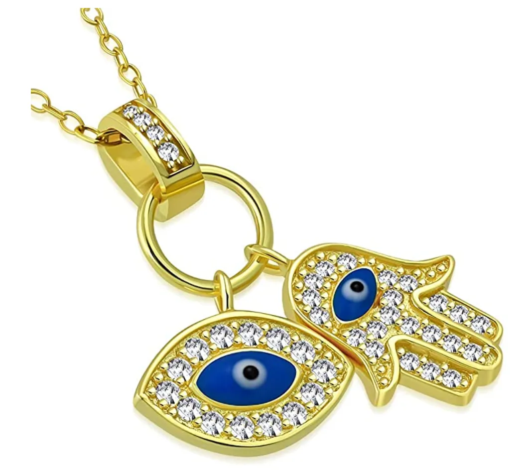 925 Sterling Silver Hamsa Hand Jewish Jewelry Muslim Kabbalah Merkaba Blue Evil Eye Lucky Charm Fatima Necklace Allah Diamond 18in.