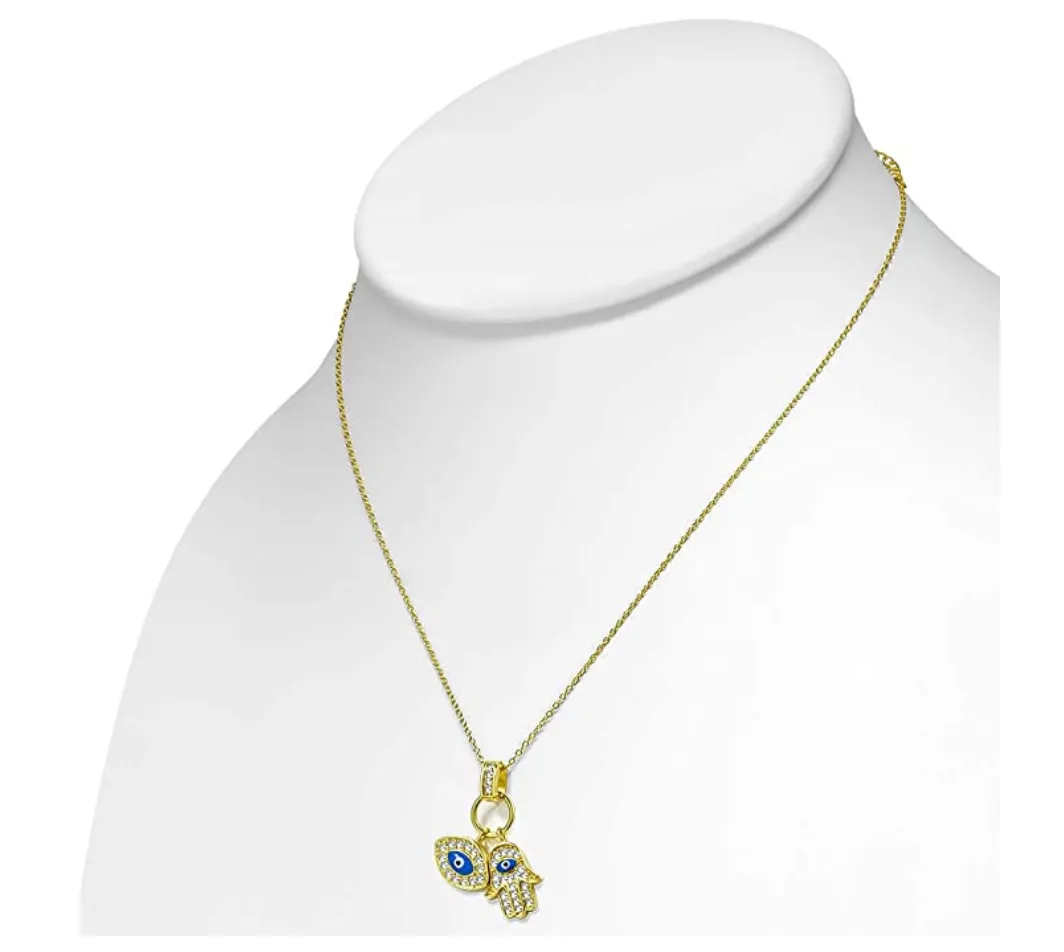 925 Sterling Silver Hamsa Hand Jewish Jewelry Muslim Kabbalah Merkaba Blue Evil Eye Lucky Charm Fatima Necklace Allah Diamond 18in.