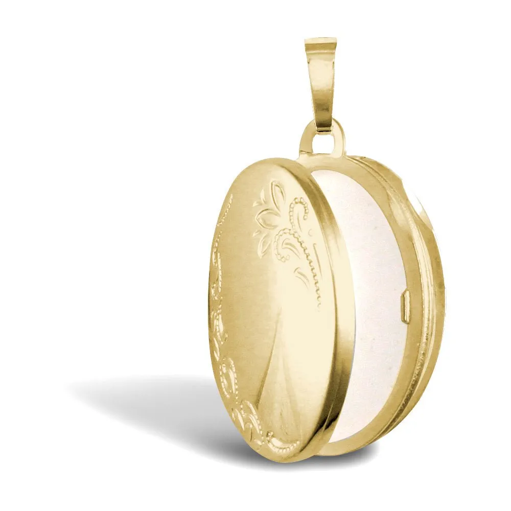 9ct Yellow Gold 4 Picture Oval Shaped Engraved Locket Pendant Necklace