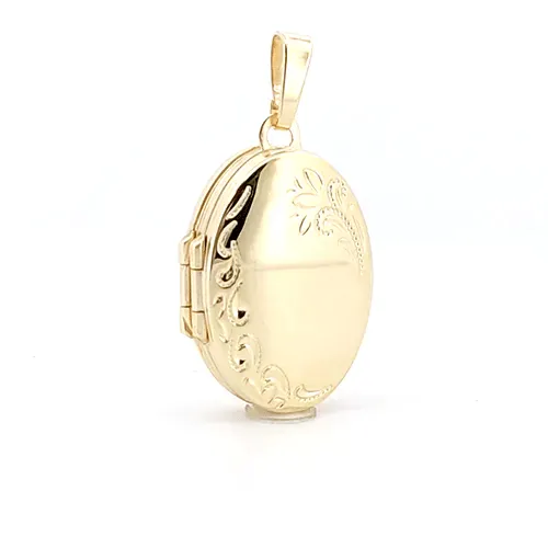 9ct Yellow Gold 4 Picture Oval Shaped Engraved Locket Pendant Necklace
