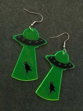 Acrylic Flying Saucer & Cat Dangle Earrings