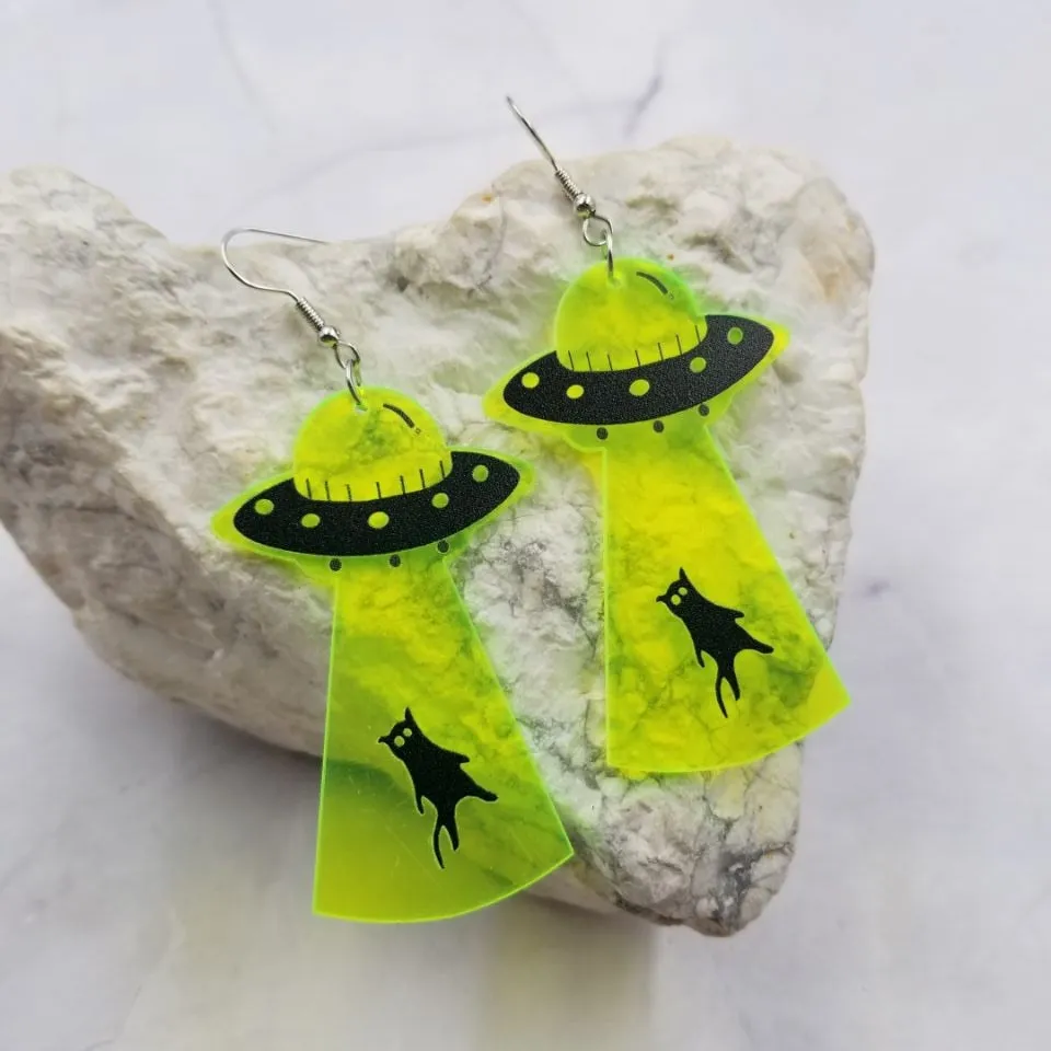 Acrylic Flying Saucer & Cat Dangle Earrings