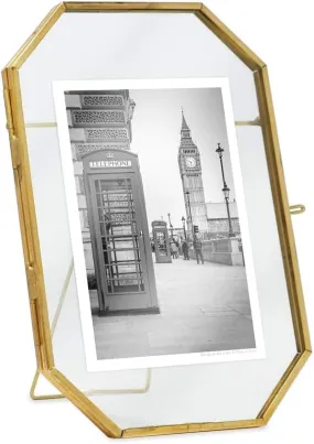 Adzee Home Decor Antique Gold, Vintage Style Brass and Glass, Metal Floating Picture Frame (Vertical) with Locket Closure, for Photos, Art, & More, Tabletop Display (5X7 Inch)