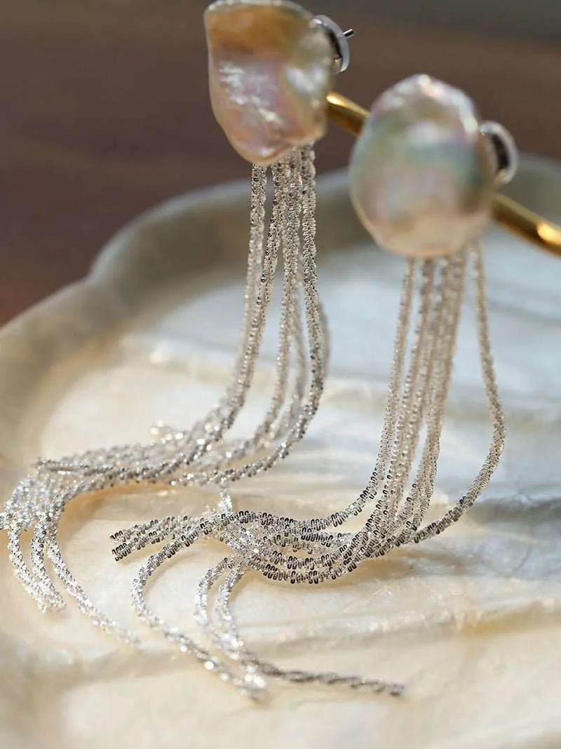 Anemone Chain Tassel Petal Pearl Earrings