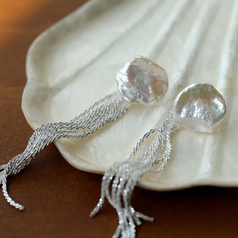 Anemone Chain Tassel Petal Pearl Earrings