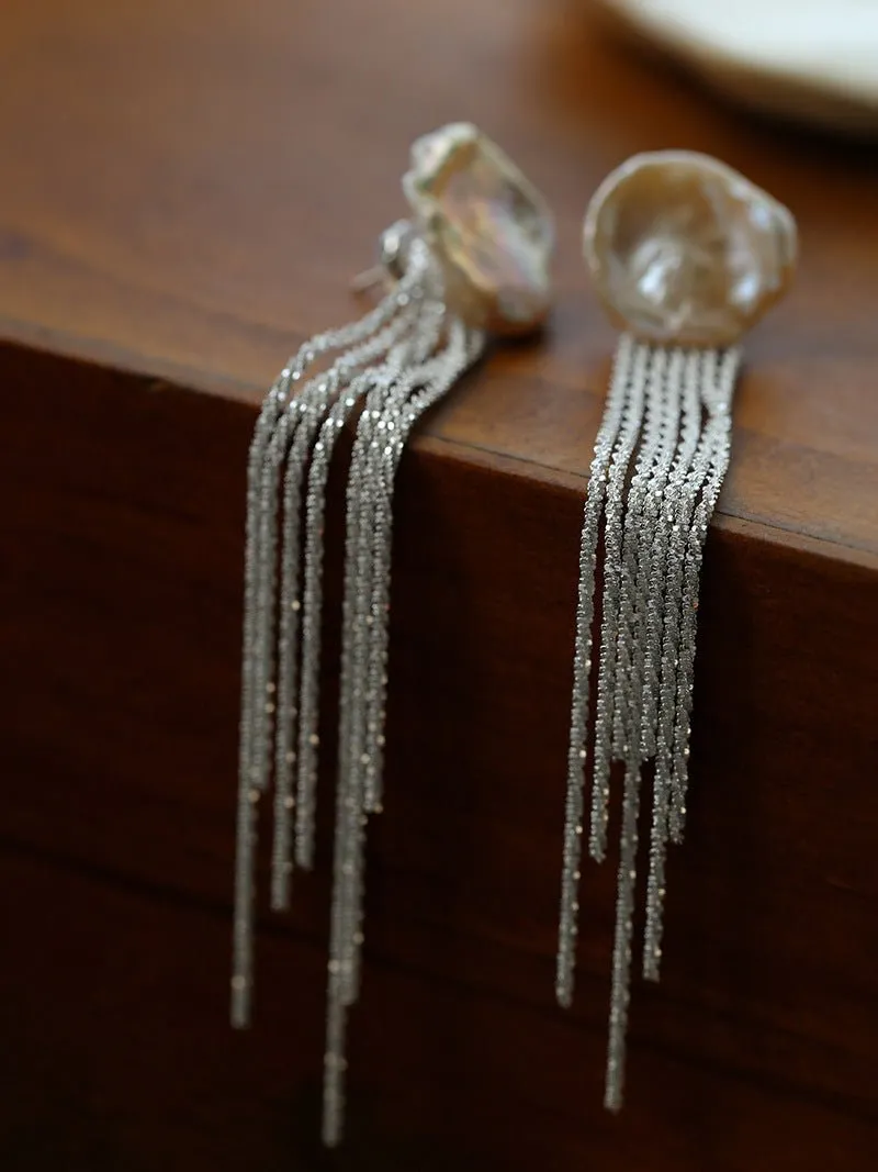 Anemone Chain Tassel Petal Pearl Earrings