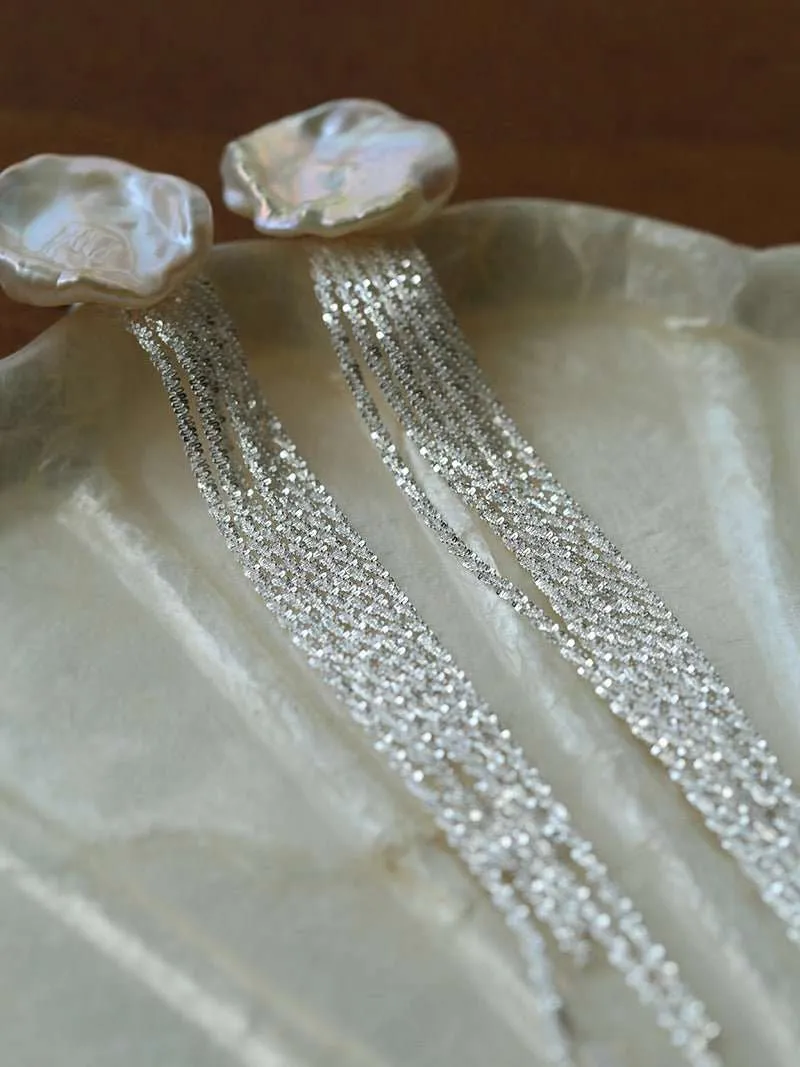 Anemone Chain Tassel Petal Pearl Earrings