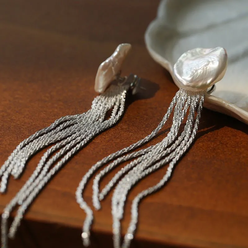 Anemone Chain Tassel Petal Pearl Earrings