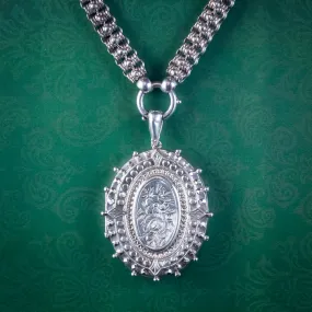 Antique Victorian Forget Me Not Locket Collar Necklace Sterling Silver Dated 1882