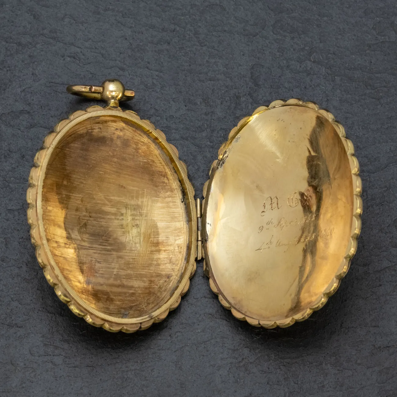 Antique Victorian Large Engraved Locket 9Ct Gold Silver Circa 1850