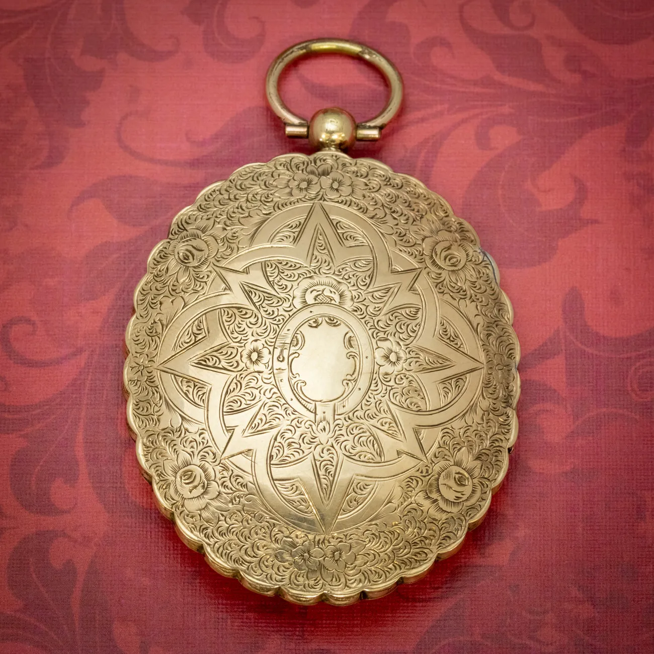 Antique Victorian Large Engraved Locket 9Ct Gold Silver Circa 1850
