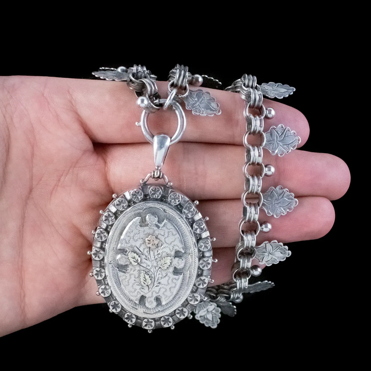 Antique Victorian Locket And Collar Necklace Sterling Silver Dated 1886