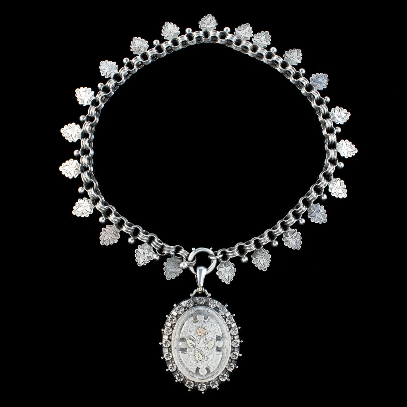 Antique Victorian Locket And Collar Necklace Sterling Silver Dated 1886