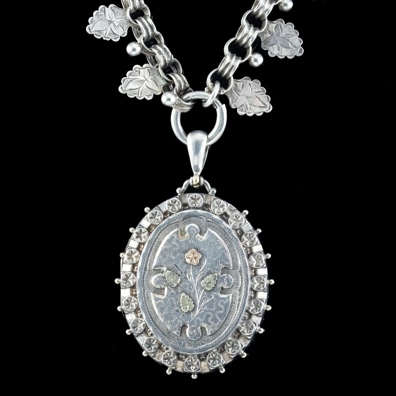 Antique Victorian Locket And Collar Necklace Sterling Silver Dated 1886