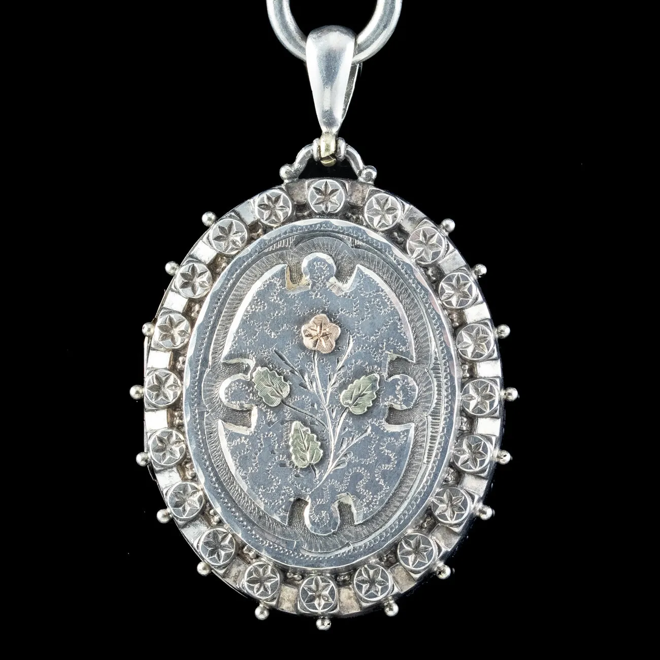 Antique Victorian Locket And Collar Necklace Sterling Silver Dated 1886