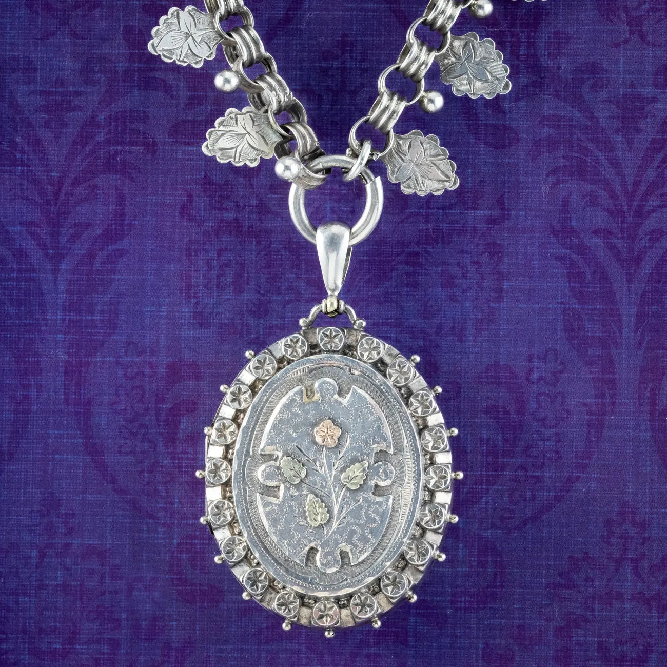 Antique Victorian Locket And Collar Necklace Sterling Silver Dated 1886
