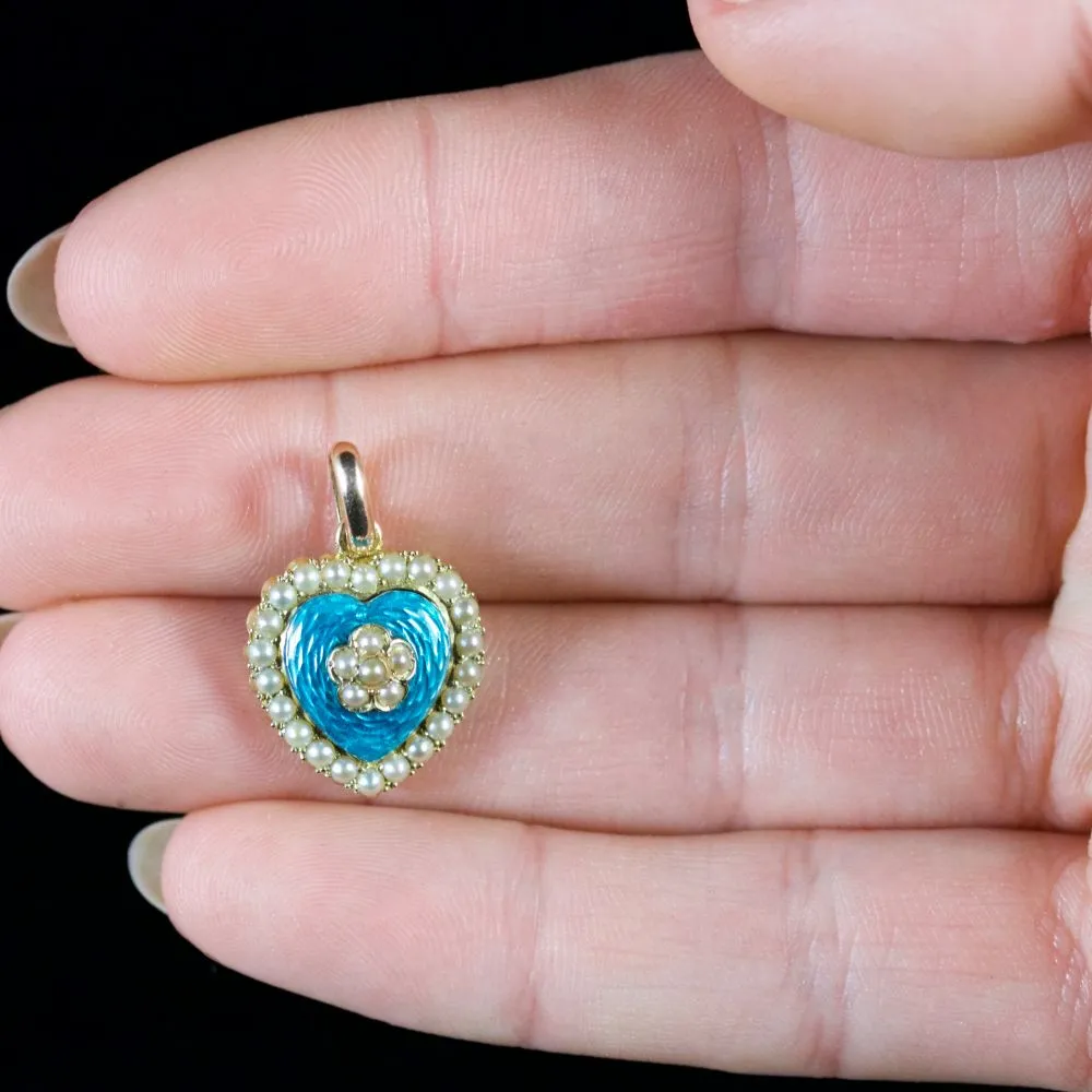 Antique Victorian Pearl Enamel Heart Locket Pendant 15Ct Circa 1890