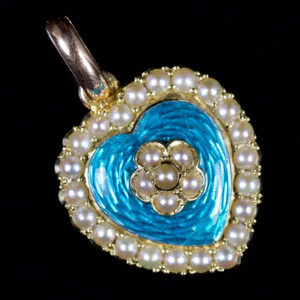 Antique Victorian Pearl Enamel Heart Locket Pendant 15Ct Circa 1890