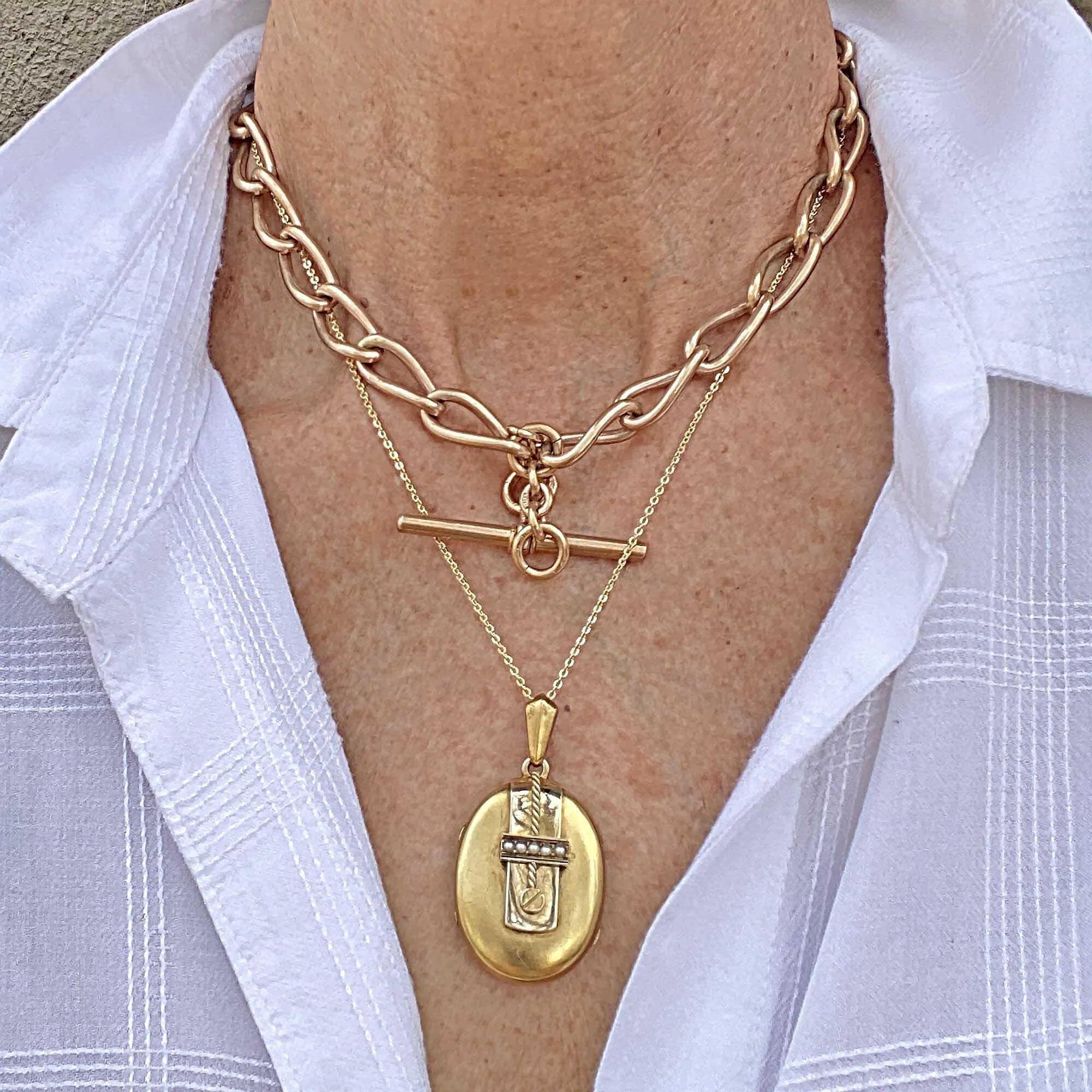 Antique Victorian Solid 14K Gold Locket Necklace w Pearls