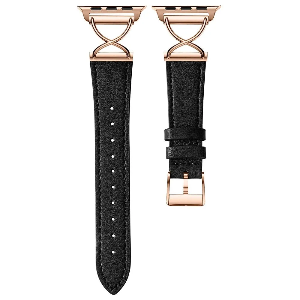 Apple Watch (38/40/SE/41/42mm) Klassisk Kunst Læder Rem - Sort / Rose Gold