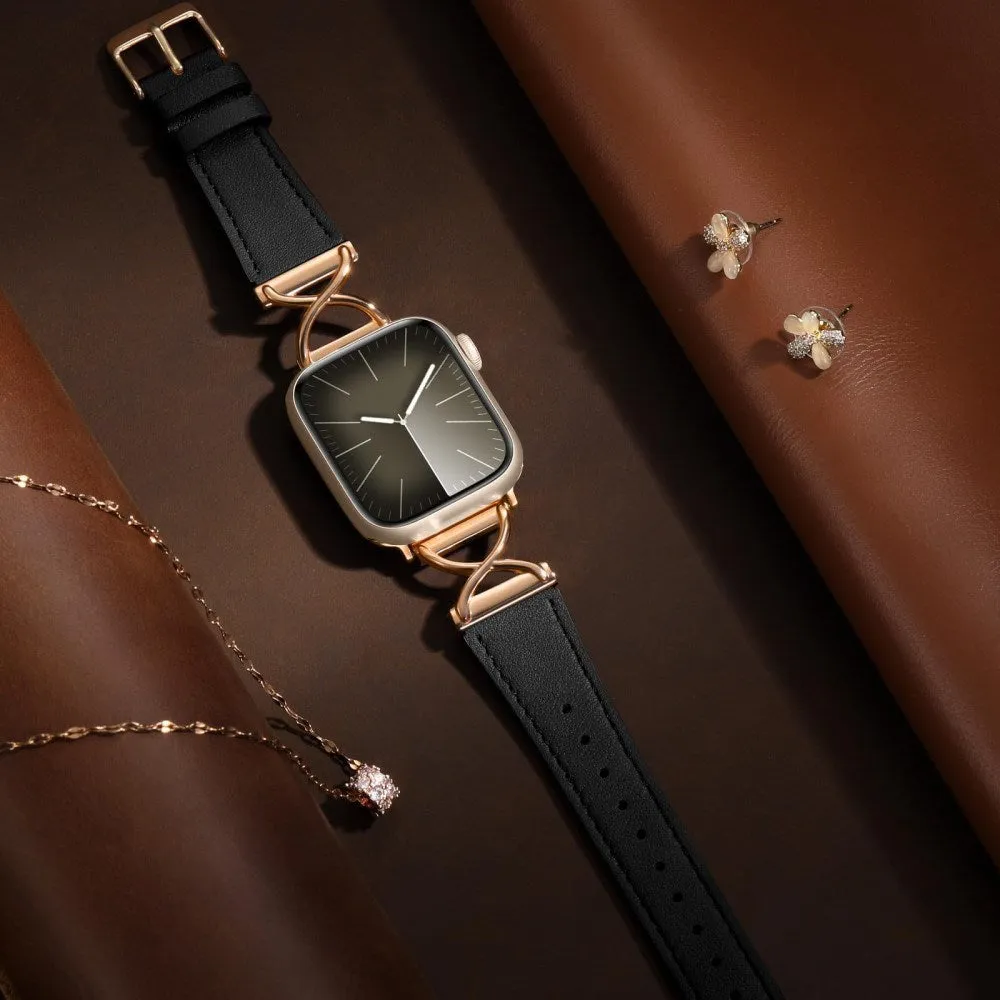 Apple Watch (38/40/SE/41/42mm) Klassisk Kunst Læder Rem - Sort / Rose Gold