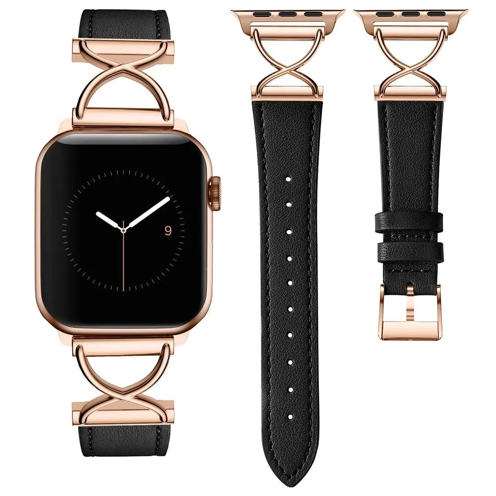 Apple Watch (38/40/SE/41/42mm) Klassisk Kunst Læder Rem - Sort / Rose Gold