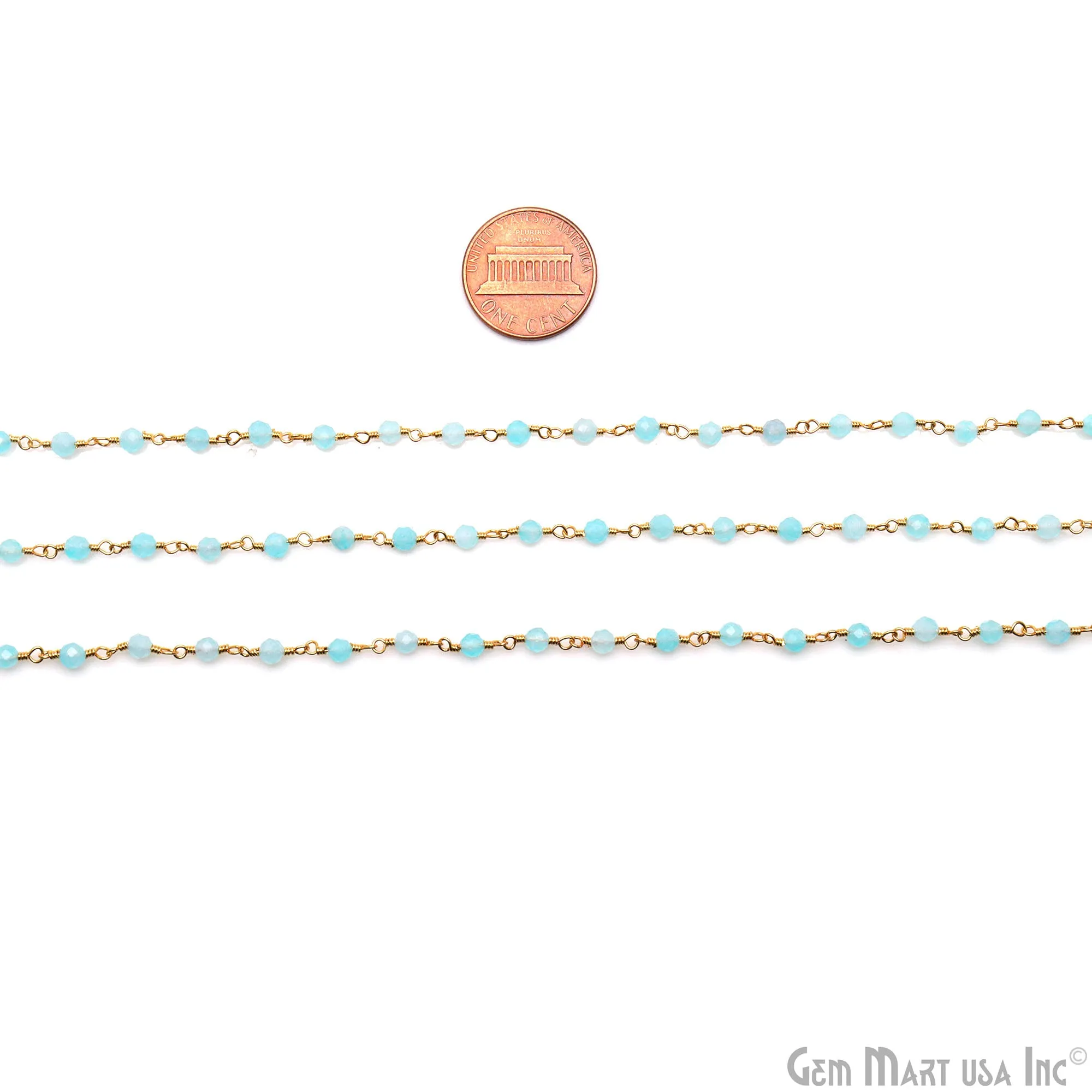 Aqua Chalcedony Gold Plated Beaded Wire Wrapped Rosary Chain