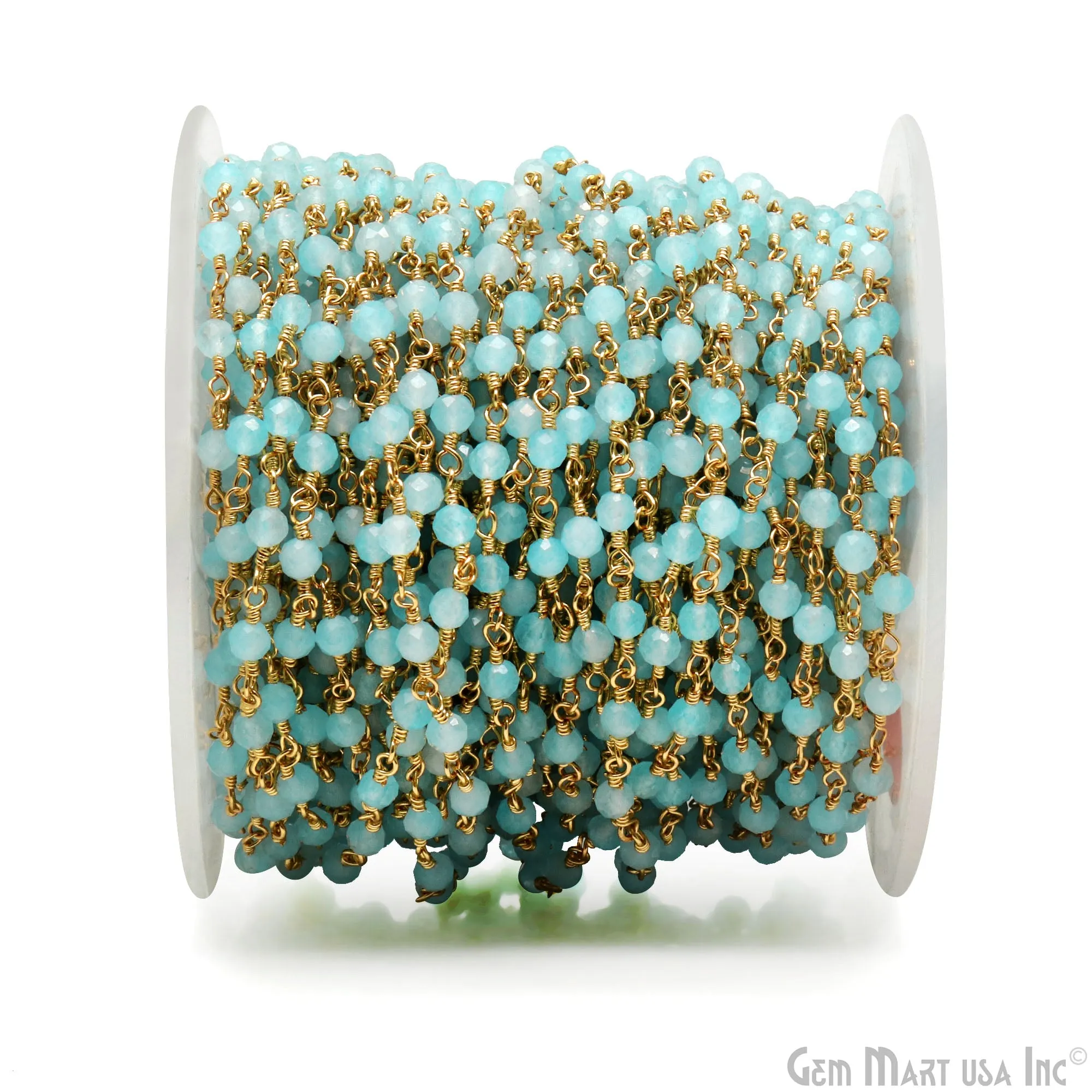 Aqua Chalcedony Gold Plated Beaded Wire Wrapped Rosary Chain