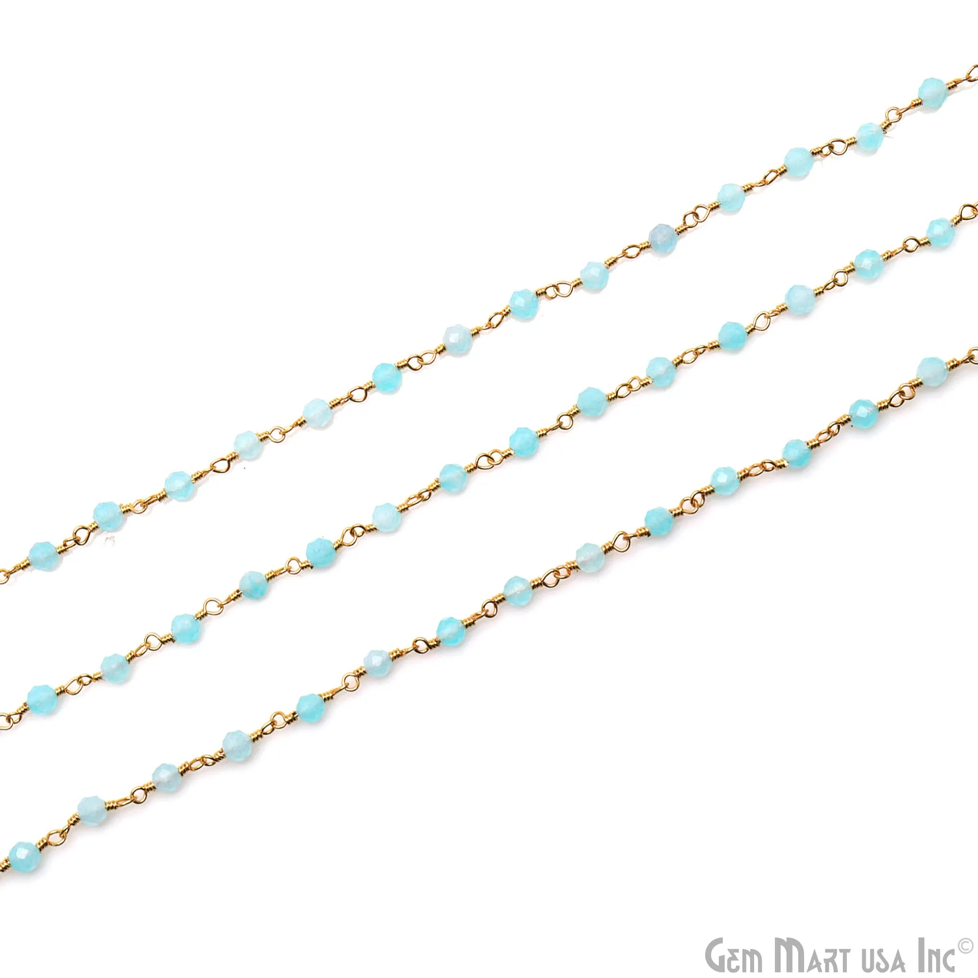 Aqua Chalcedony Gold Plated Beaded Wire Wrapped Rosary Chain