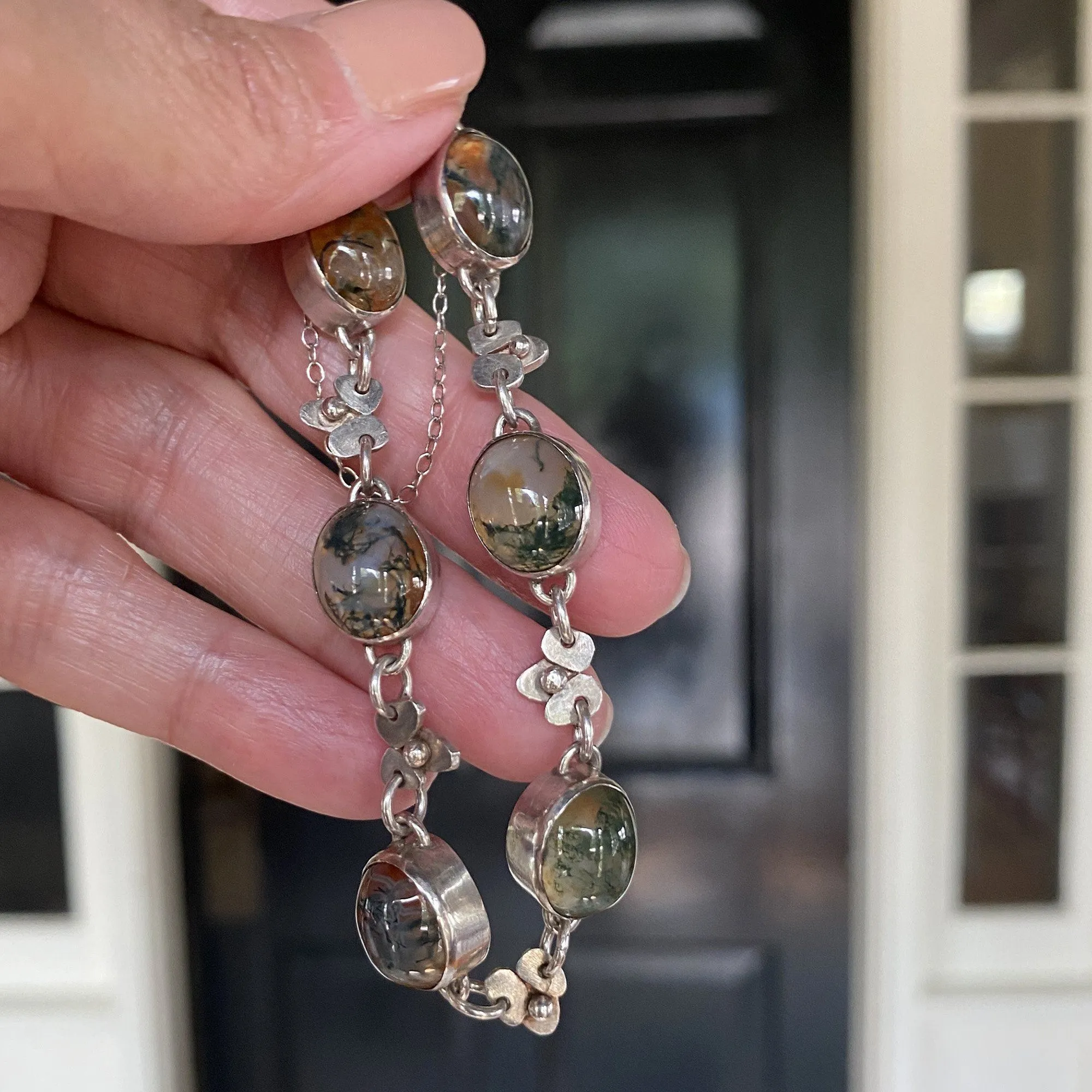 Arts & Crafts Style Silver Moss Agate Bracelet
