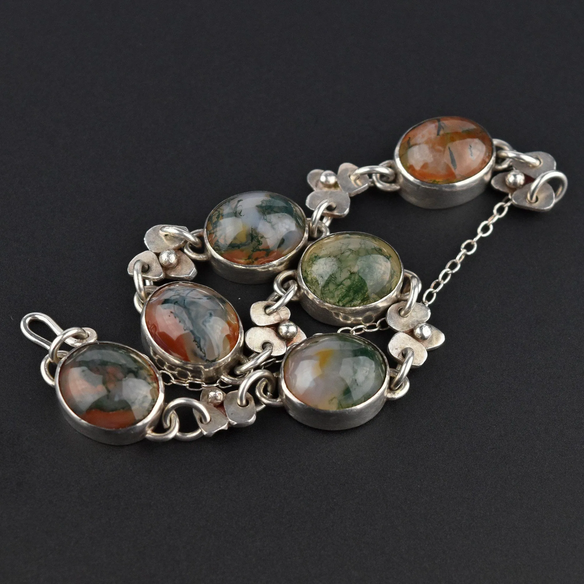 Arts & Crafts Style Silver Moss Agate Bracelet