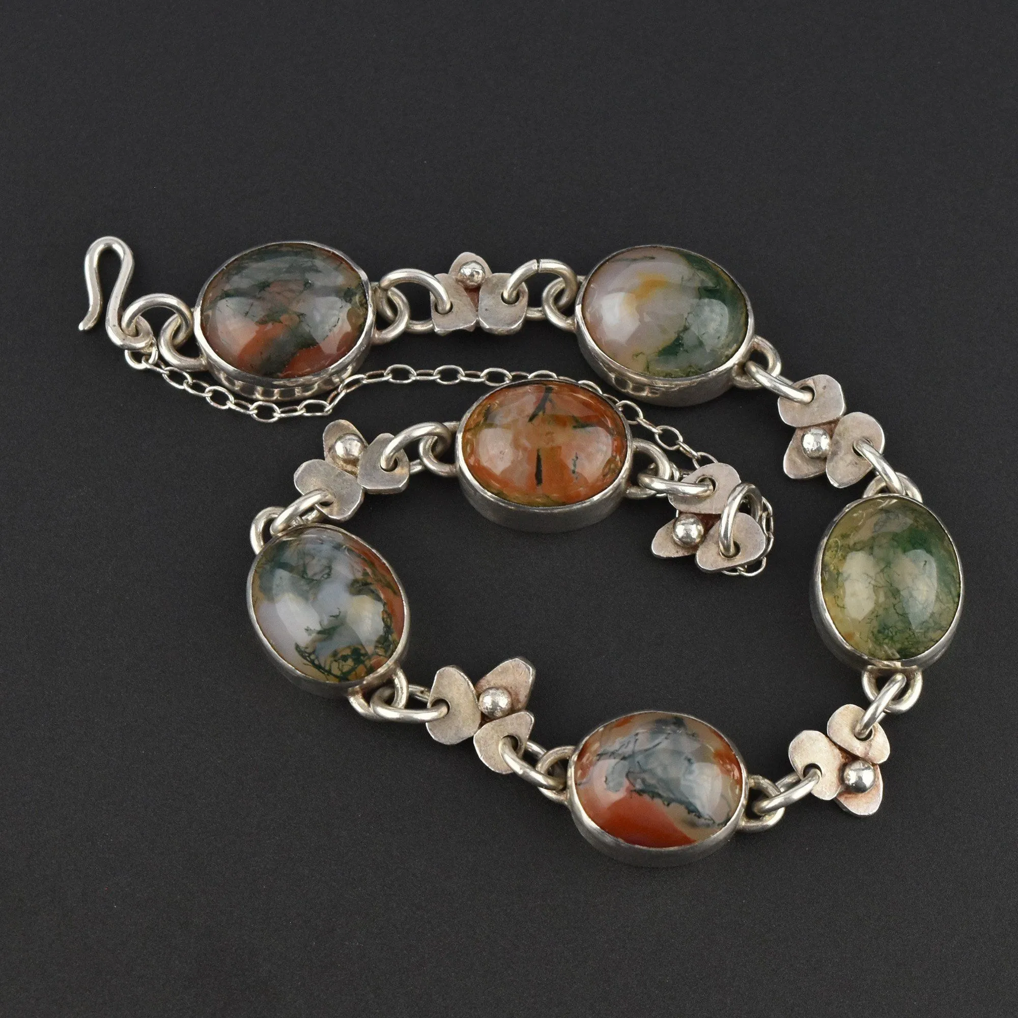 Arts & Crafts Style Silver Moss Agate Bracelet