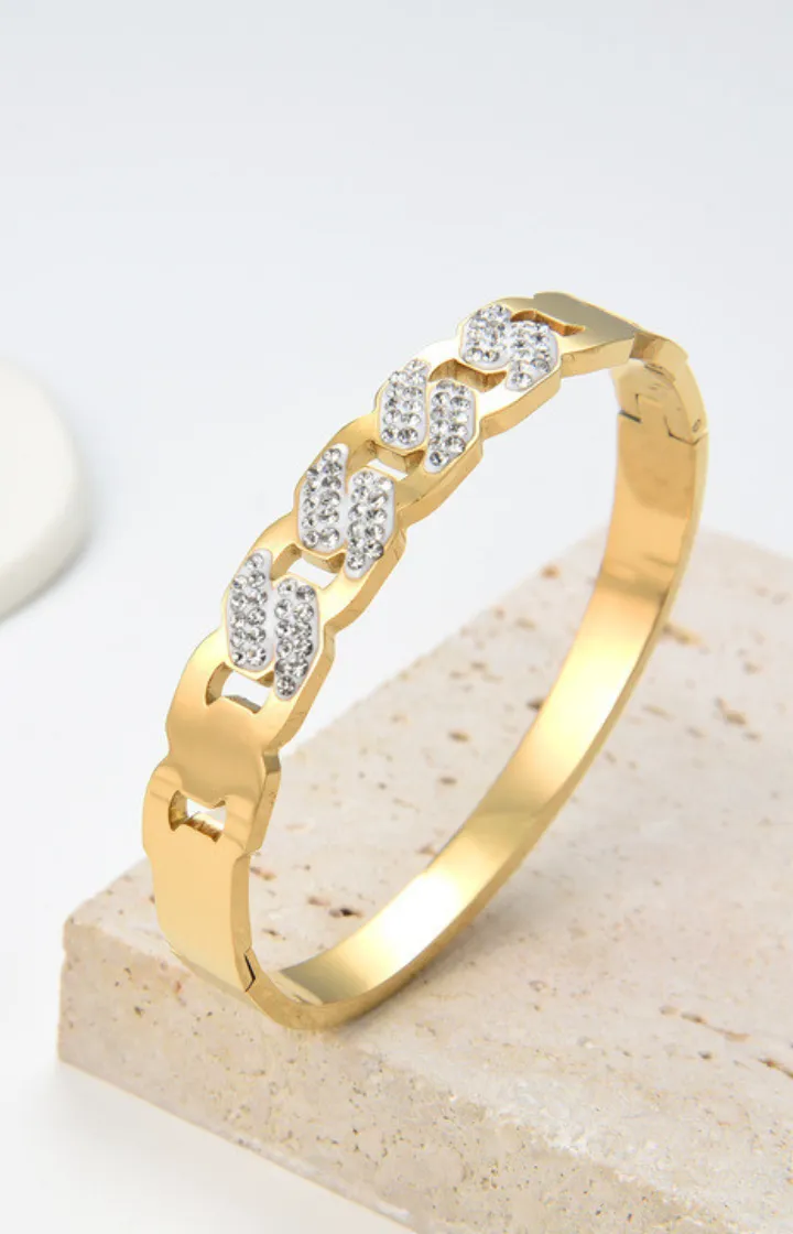 Ayla Cross Cubic Zirconia Engravable Bangle in Gold