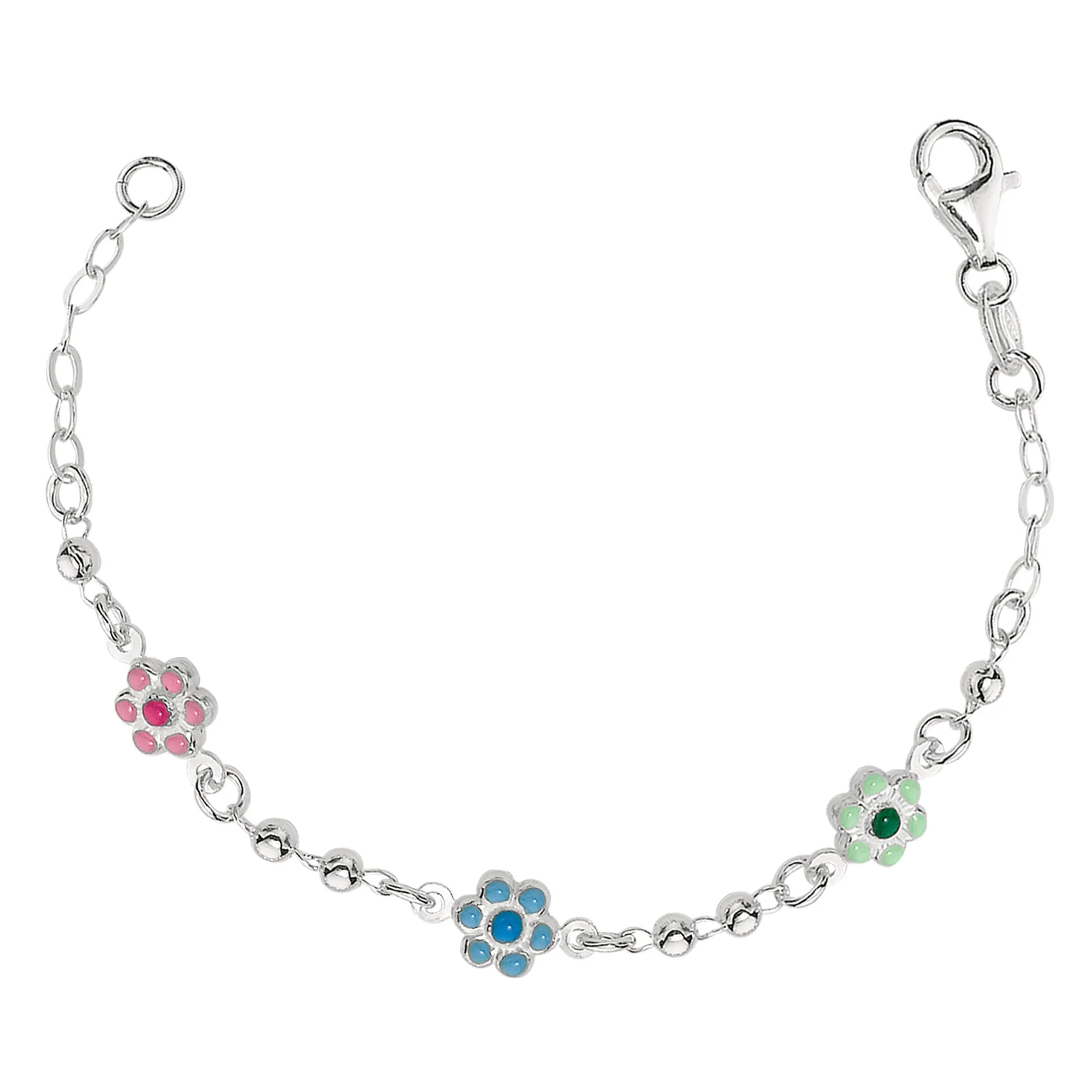 Baby Bracelet With Enameled Flower Charms In Sterling Silver - 6 Inches