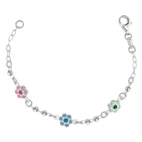 Baby Bracelet With Enameled Flower Charms In Sterling Silver - 6 Inches