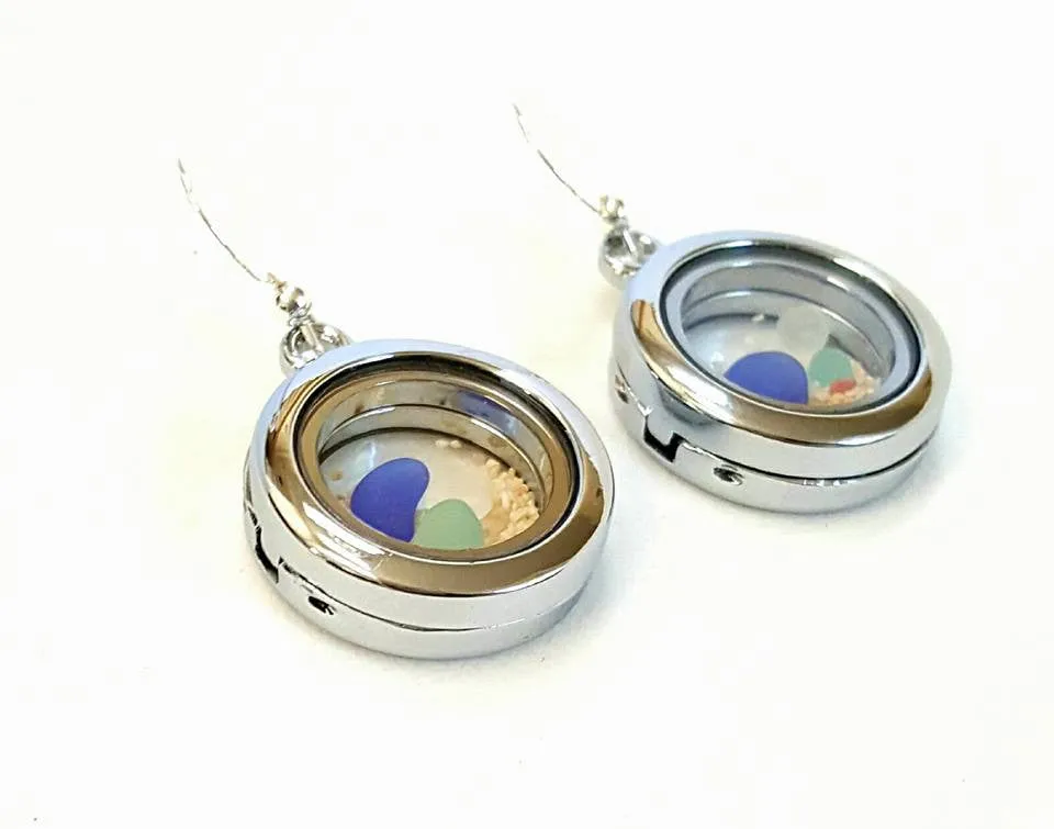 Beach Earrings GENUINE Sea Glass And Sand Earrings In Lockets