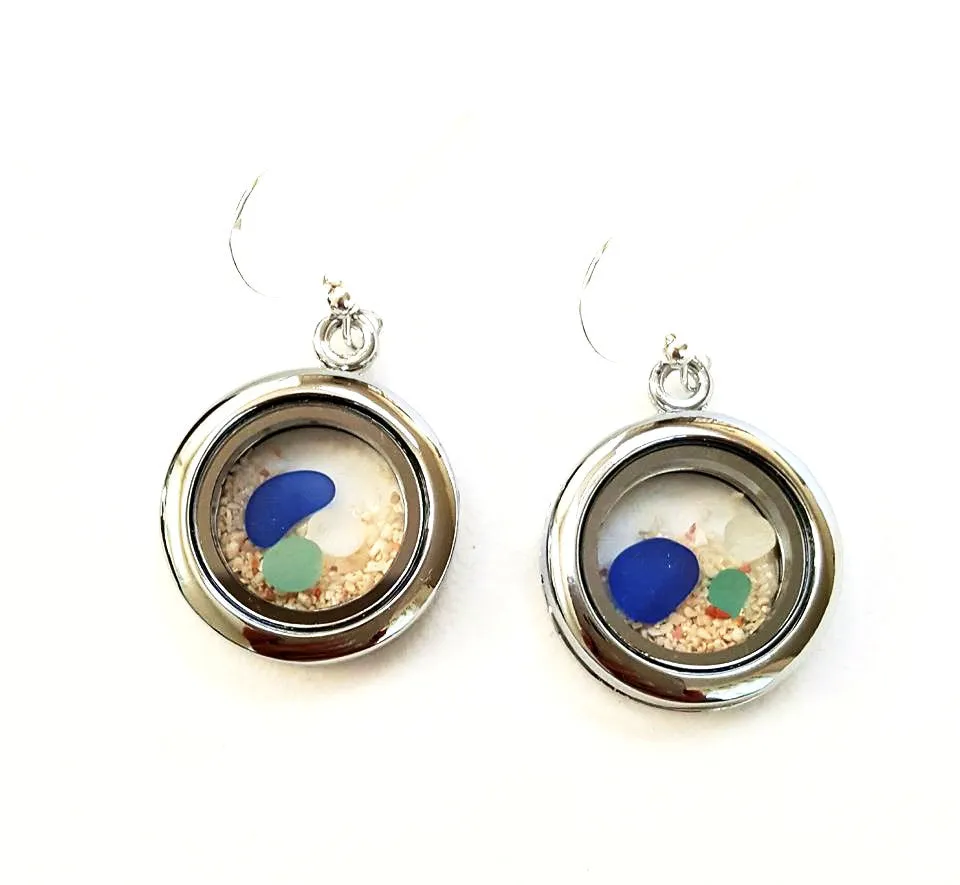 Beach Earrings GENUINE Sea Glass And Sand Earrings In Lockets