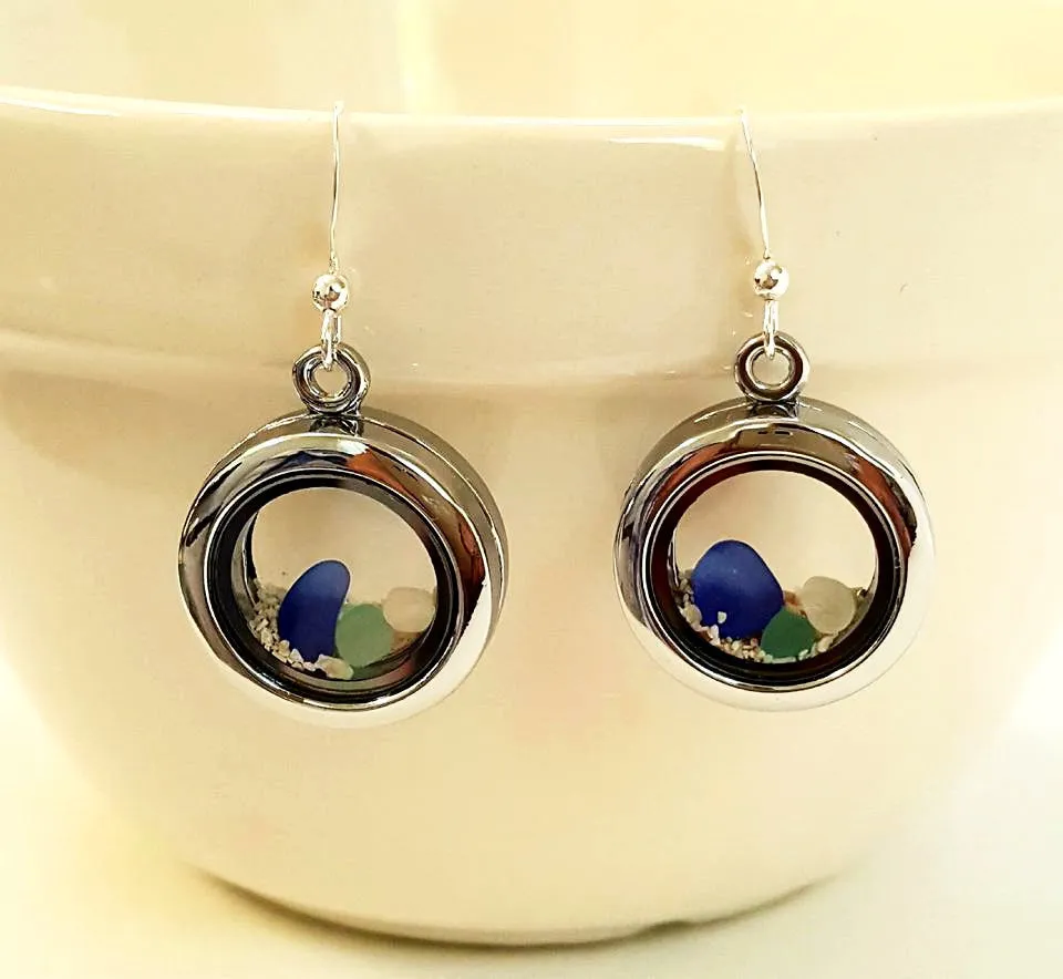 Beach Earrings GENUINE Sea Glass And Sand Earrings In Lockets
