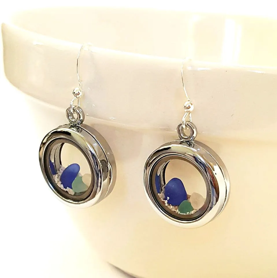 Beach Earrings GENUINE Sea Glass And Sand Earrings In Lockets