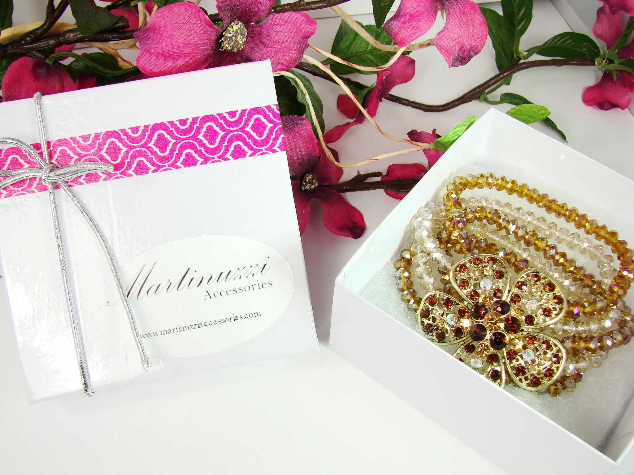 Beaded Flower Bracelet Strech Multiple Strands Rhinestones