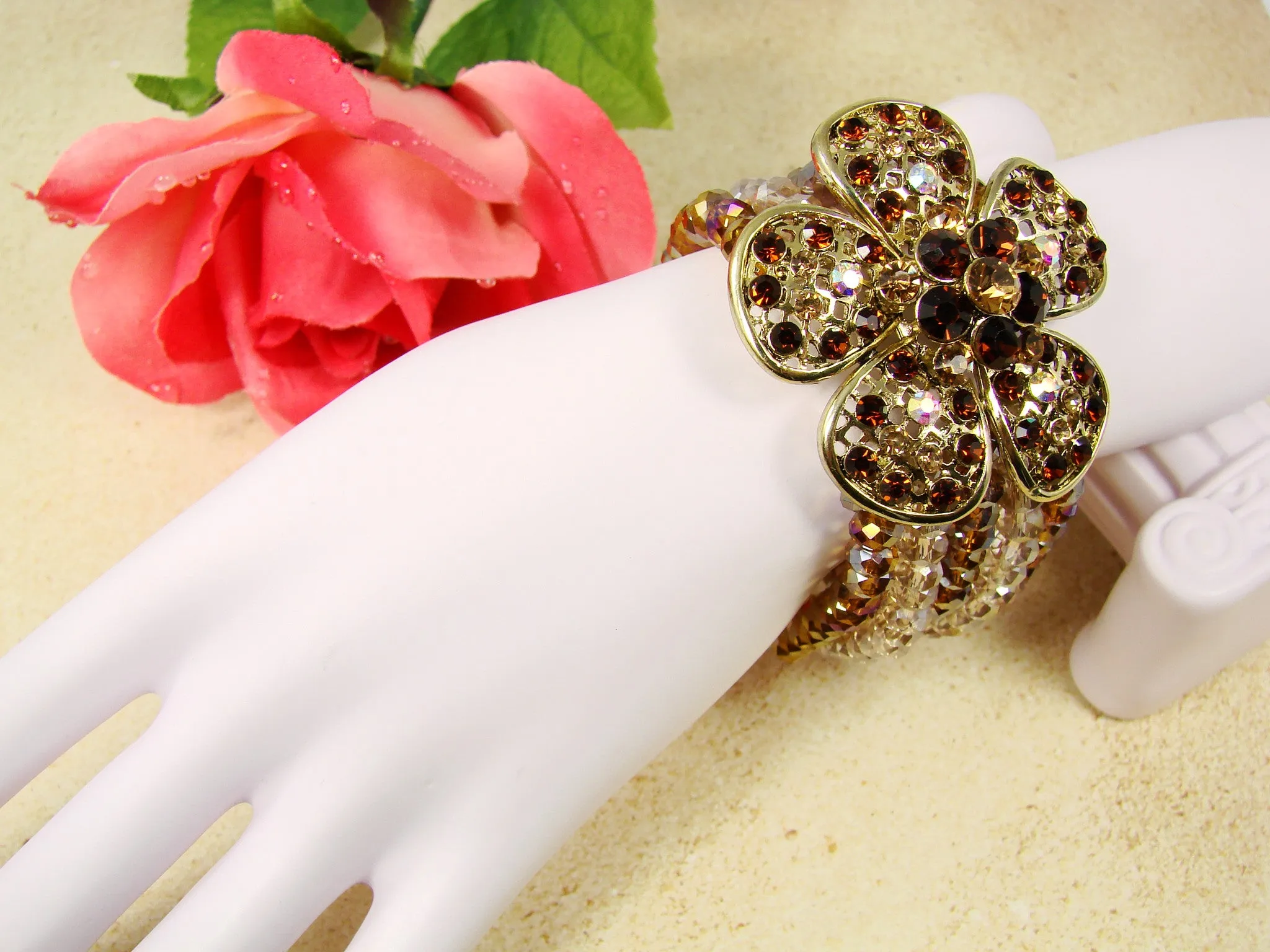 Beaded Flower Bracelet Strech Multiple Strands Rhinestones