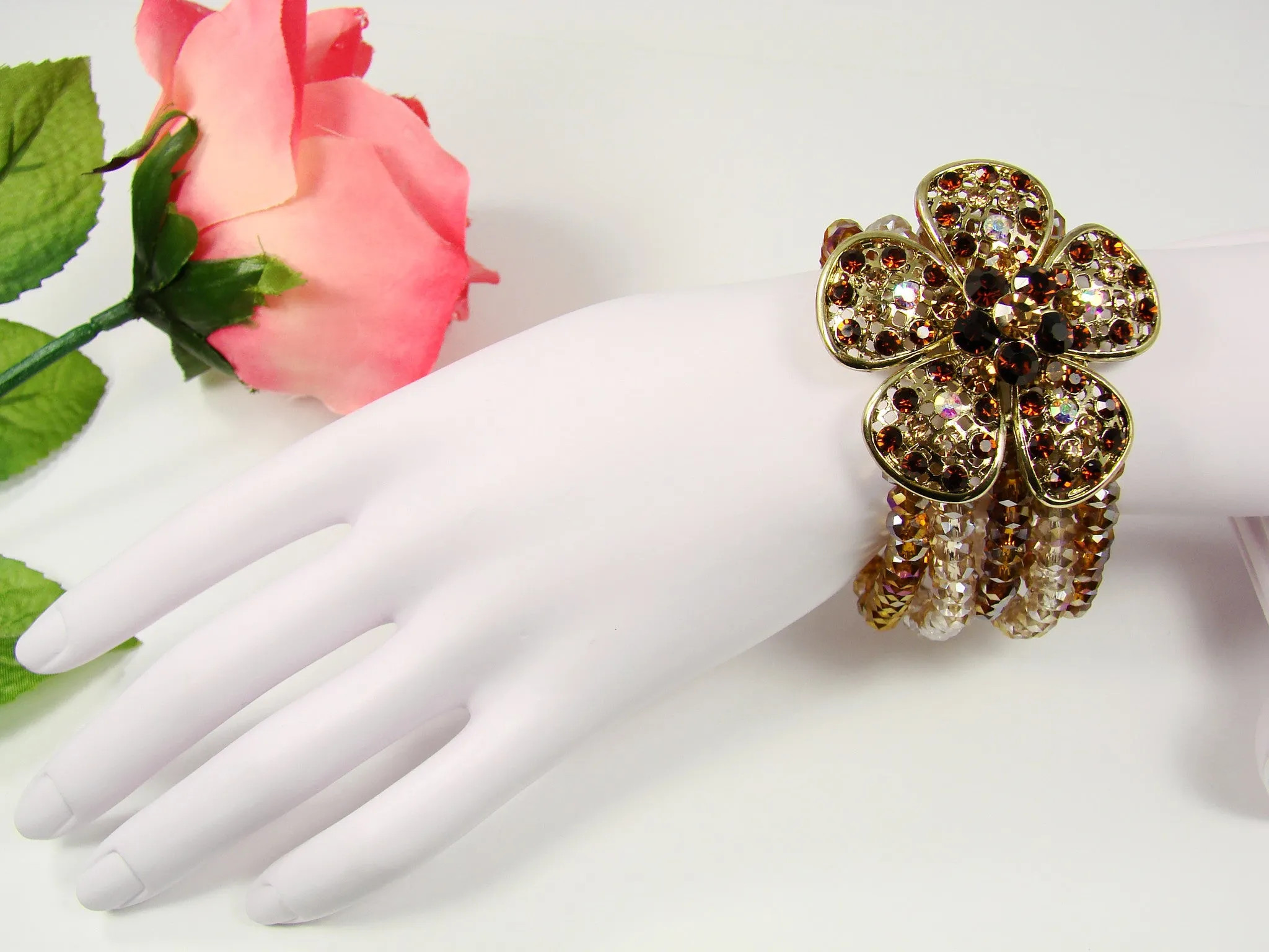 Beaded Flower Bracelet Strech Multiple Strands Rhinestones